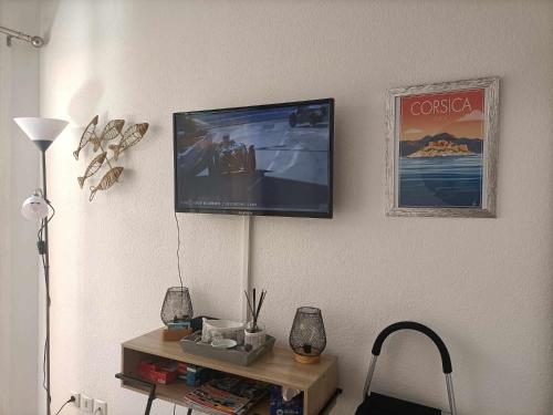 a living room with a tv on a wall at CORSALILA in Calvi