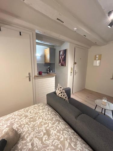 un salon avec un canapé et une cuisine dans l'établissement Apartment Hyper Center Strasbourg & Petite France - Entire apartment, à Strasbourg