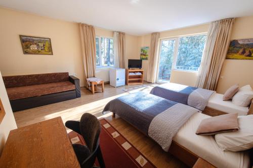 a bedroom with a bed and a couch and a table at Pensiunea Limpedea in Baia-Sprie