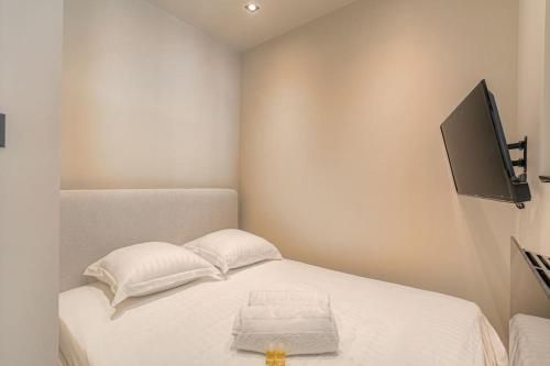 Cette chambre comprend un lit avec deux oreillers et une télévision. dans l'établissement Bright and comfortable studio, Saint-Didier, à Lyon