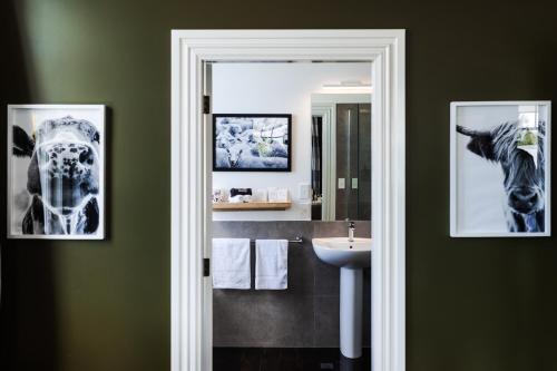 a bathroom with two pictures of a cow on the wall at The White Swan Hotel in Greytown
