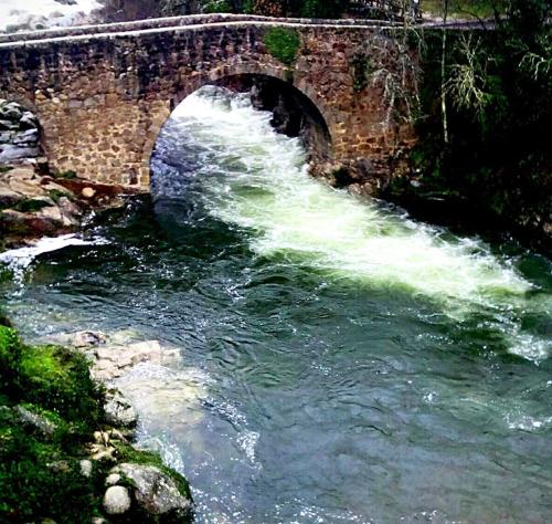 a stone bridge over a river with water rushing under it at Hotel Rural Hosteria Fontivieja TR-CC-195 in Losar de la Vera