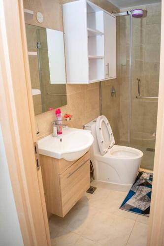 a bathroom with a toilet and a sink and a shower at Nairobi City view1 BDRM condo with pool and gym in Nairobi