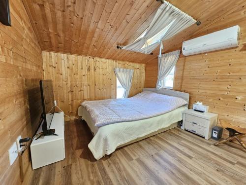 a bedroom with a bed and a television in it at Jeju Nova Pension in Jeju