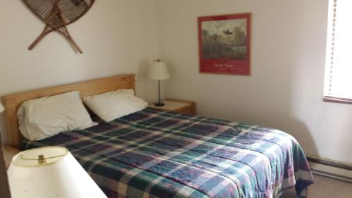 sypialnia z łóżkiem z kocem w kratę w obiekcie Fraser Condo for Xmas-New Years, 1B and loft, 1 Bath, Sleeps up to 4 w mieście Fraser