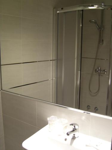 a bathroom with a sink and a large mirror at PR Tambre in Santiago de Compostela