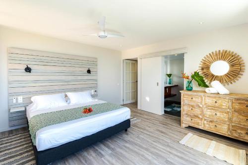 a bedroom with a bed and a dresser and a mirror at Domaine To'a Hotu in Tohautu