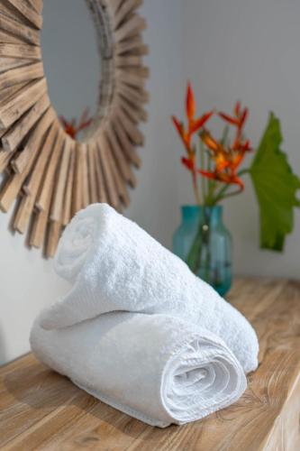 a white towel sitting on a table with a mirror at Domaine To'a Hotu in Tohautu