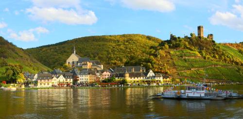 a small town on the water in front of a mountain at Villa Beilstein in Beilstein