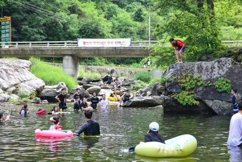 a group of people in the water in a river at Gapyeong Yongchu Valley Travel Pension in Gapyeong