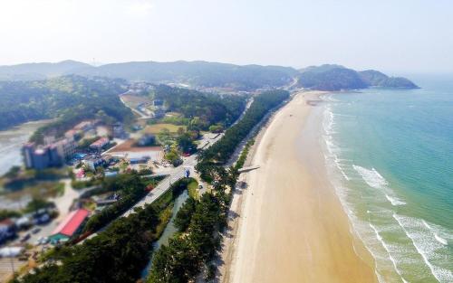 an aerial view of a beach and the ocean at Silver Glowing Sea Pension in Taean