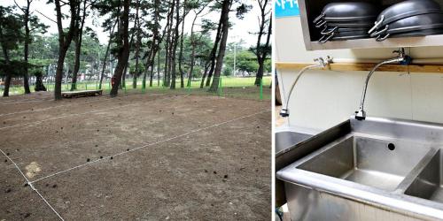 two pictures of a kitchen with a sink and a park at Mongsanpohaebyeon Pension in Taean