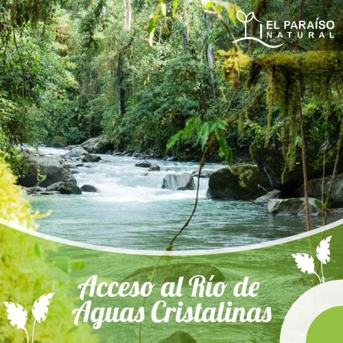 a river in a forest with the words access al trigo de almas christ at El Paraíso Natural in Pejibaye