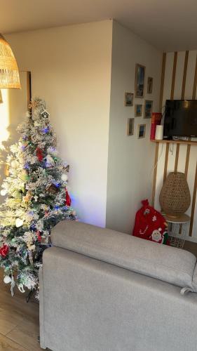 - un salon avec un arbre de Noël et un canapé dans l'établissement Petite maison, à Trungy