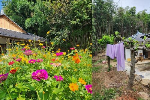 two pictures of a garden with flowers and a clothesline at Hue Hanok Guesthouse in Buan