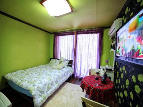 a bedroom with a bed in a room with green walls at Ahnmyeondo green house in Chaphwa-gol