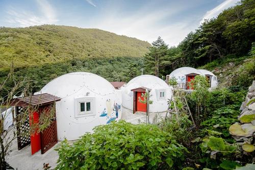 un grupo de casas blancas abovedadas en una colina en Jeongsun Hayandom Pension, en Chŭngsan-ni