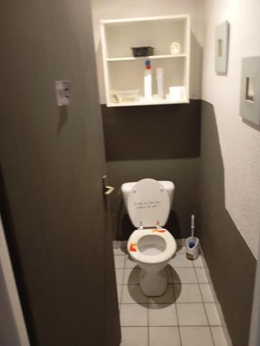 une salle de bain avec toilettes dans une petite pièce dans l'établissement Chambre Pessac proche rocade aéroport, à Pessac