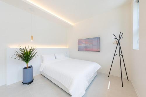 a white bedroom with a bed and a tripod at Gangneung Gyeongpo 345 Pool Villa in Kyŏngp'o-mal