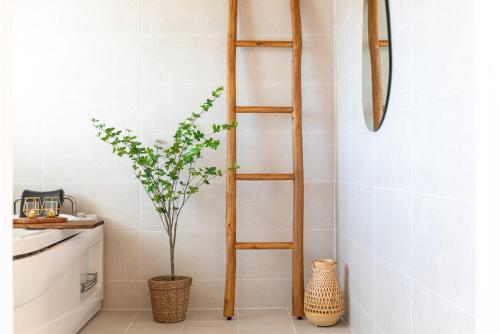 a bathroom with a wooden ladder and a plant at Gyeongju Insta Spa Pension Spa, Individual BBQ in Gyeongju