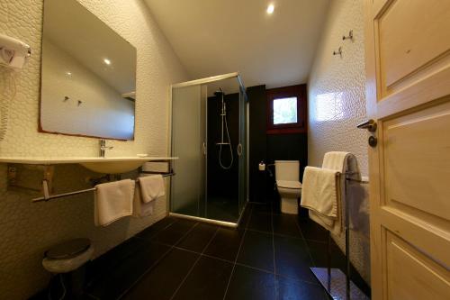 a bathroom with a shower and a sink and a toilet at Hotel Mas Prades in Deltebre