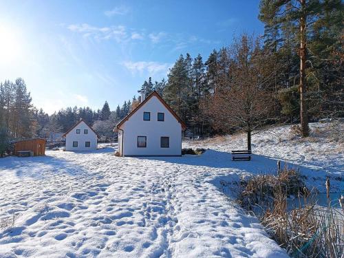 einen schneebedeckten Hof mit zwei Häusern im Hintergrund in der Unterkunft Klidná lokalita Na kraji lesa, celý dům s úschovnu kol in Nová Bystřice