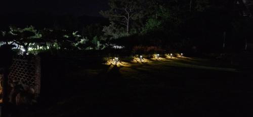 a dark yard with a group of lights in the grass at Gurye Sosandang Pension Hanok in Gurye