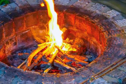 a fire inside of a brick oven with flames at Gapyeong Adelheim Pension Dogs Allowed, Group Rooms, Spa in Gapyeong