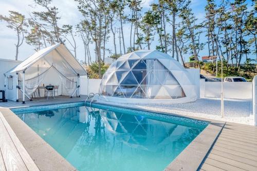 KappawiにあるSinpo Port TITF Caravanのスイミングプールの横のイグルーとテント