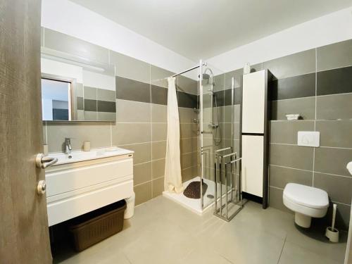 une salle de bain avec un lavabo, une douche et des toilettes dans l'établissement PORTO PIANO 2 pièces au coeur de la ville, à Propriano