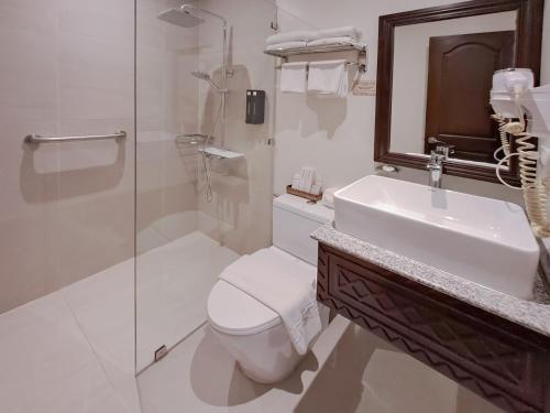 a bathroom with a toilet and a sink and a mirror at Red Coconut Beach Hotel Boracay in Boracay