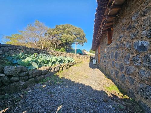 a stone retaining wall next to a stone building at Jeju Gopdeulak in Seogwipo