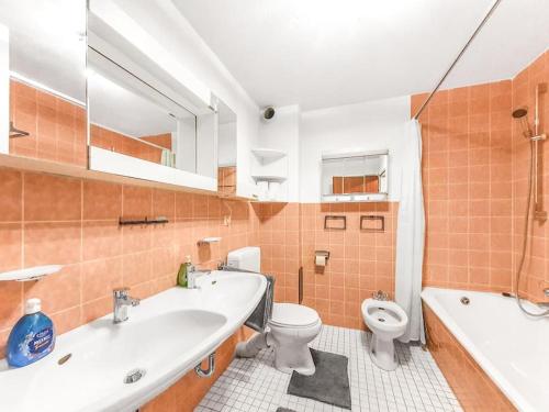 a bathroom with a sink and a toilet and a tub at Gemütliches Terrassenhaus in Degerfelden