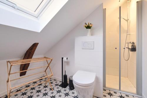 Un baño con inodoro y ducha de cristal. en De lütte Boben, en Dollerup