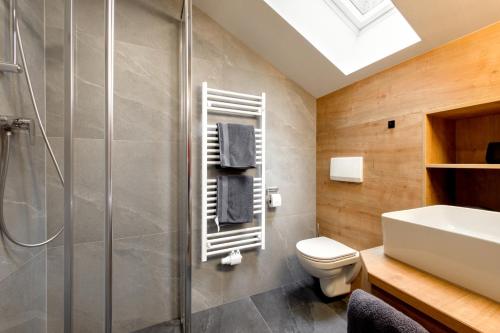 a bathroom with a shower and a toilet and a sink at Bauernhof Auhof in Wagrain