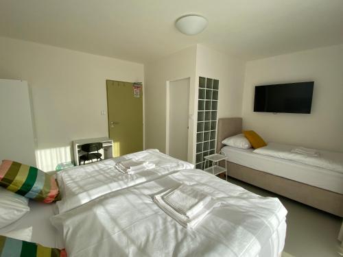a bedroom with a bed and a tv on the wall at Turistická ubytovňa Stará škola Kokava in Kokava na Rimavica