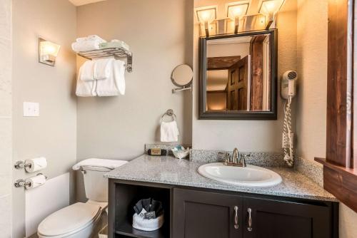 a bathroom with a sink and a toilet and a mirror at Hotel Bothwell Sedalia Central District, an Ascend Collection Hotel in Sedalia