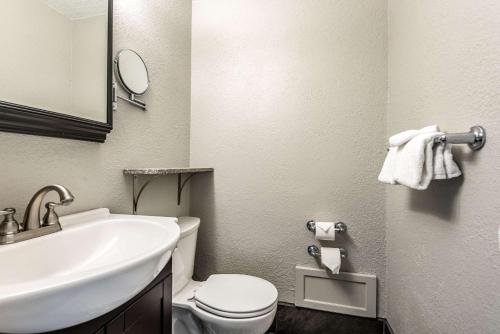 a bathroom with a sink and a toilet and a mirror at Hotel Bothwell Sedalia Central District, an Ascend Collection Hotel in Sedalia