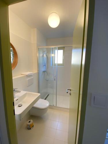 a bathroom with a shower and a toilet and a sink at Turistická ubytovňa Stará škola Kokava in Kokava na Rimavica