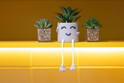 a shelf with two potted plants and a smiley face holder at UrbanHomes - Cozy Spacious Exceptional Studio in Heart of Dubai at JVC in Dubai