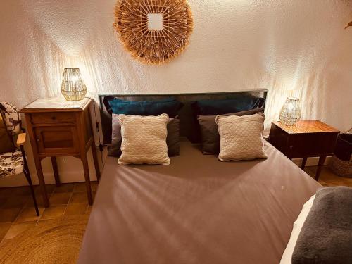 een slaapkamer met een bed met 2 kussens en een spiegel bij Résidence Le SUNSET Marseillan-plage, entre mer et lagune de Thau, étape vélo, famille, couple, VRP, toutou admis, jardin, parking privé gratuit, vélos, Clim, WIFI fibre gratuite, commodités, plage et piste cyclable à proximité, 6 couchages nous contacter in Marseillan