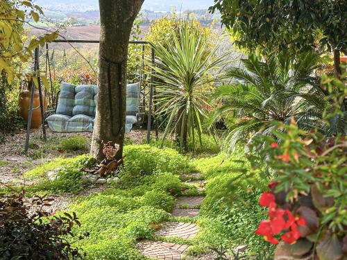 a garden with a blue chair in the background at Le Magnolie Paliano appartamento 120 mq in Paliano