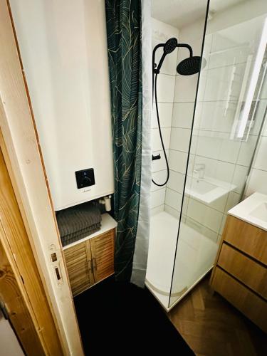 une salle de bain avec douche et lavabo dans l'établissement Résidence Le SUNSET Marseillan-plage, entre mer et lagune de Thau, étape vélo, famille, couple, VRP, toutou admis, jardin, parking privé gratuit, vélos, Clim, WIFI fibre gratuite, commodités, plage et piste cyclable à proximité, 6 couchages nous contacter, à Marseillan