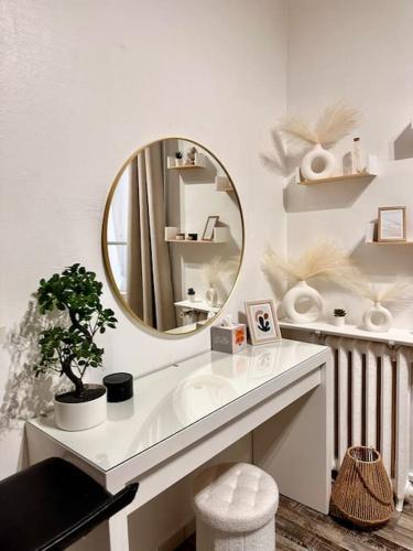 une salle de bain avec un lavabo et un miroir dans l'établissement Studio cosy à Porte de Versailles, à Paris