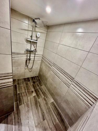 La salle de bains est pourvue d'une douche et de parquet. dans l'établissement Charmante maison de 140m2 au bord de la rivière au coeur de Wissembourg, à Wissembourg