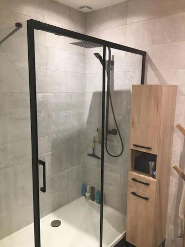 une douche avec une porte vitrée dans une salle de bain dans l'établissement Appartement vue mer Pointe Rouge, à Marseille