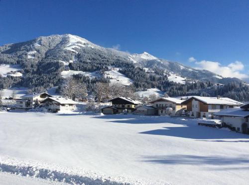 uma aldeia coberta de neve com uma montanha ao fundo em Bergblick em Westendorf