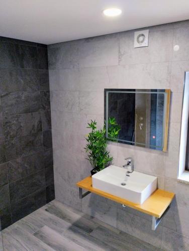 a bathroom with a white sink and a mirror at R3 Service Casa do Pomar in Vouzela