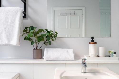 a bathroom with a sink and a mirror and a plant at Liverpool street Apartment in London