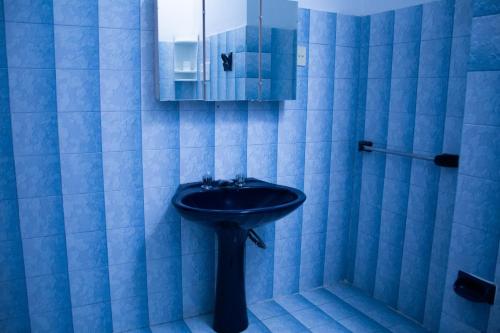 ein blaues Badezimmer mit Waschbecken und Spiegel in der Unterkunft Silencio Dorado in Villa Serranita